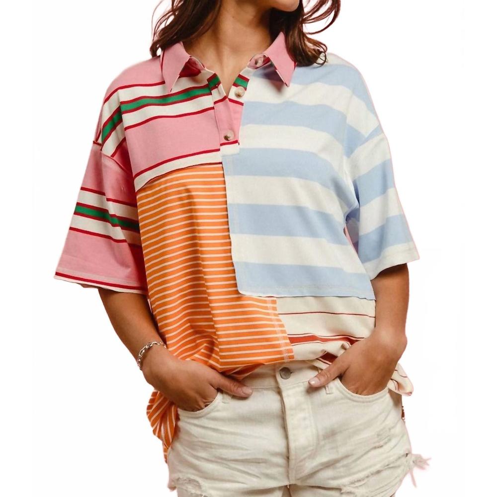 “Bibi” multi-color, collared, striped, short-sleeve shirt, pullover, LARGE - Picture 3 of 3